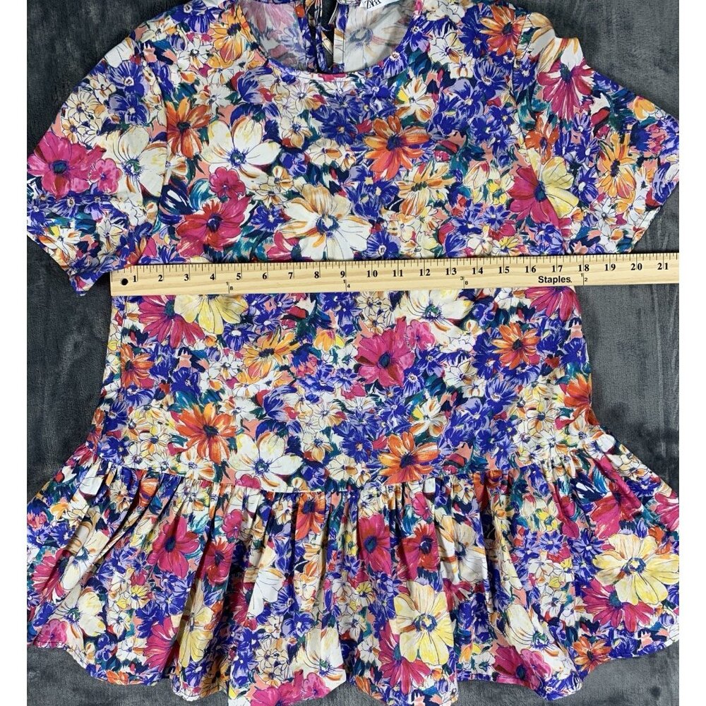 Zara Vibrant Floral Peplum Pullover Tunic Top Vintage Throwback Blouse Size XS - Picture 4 of 5